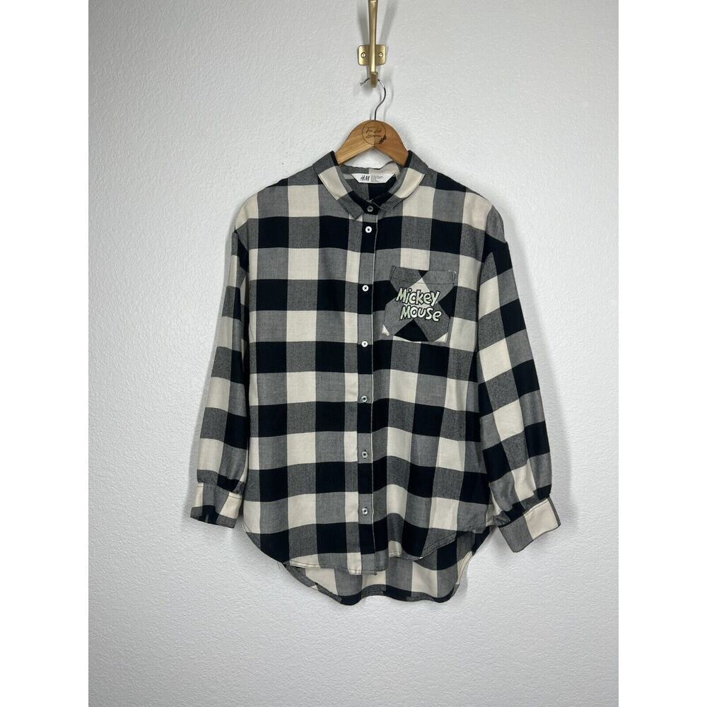 H&M Disney Mickey Mouse Flannel Shirt Kids Youth Size 16 Gingham Plaid